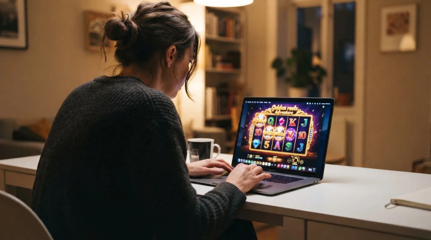 Person am Laptop liest eine Übersichtsseite zu Geldspielen im Internet — 10 franken bonus ohne einzahlung casino