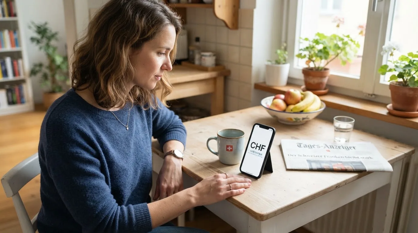 Frau tippt konzentriert auf ihrem Smartphone an einem Küchentisch, eine Tasse Kaffee steht griffbereit daneben.