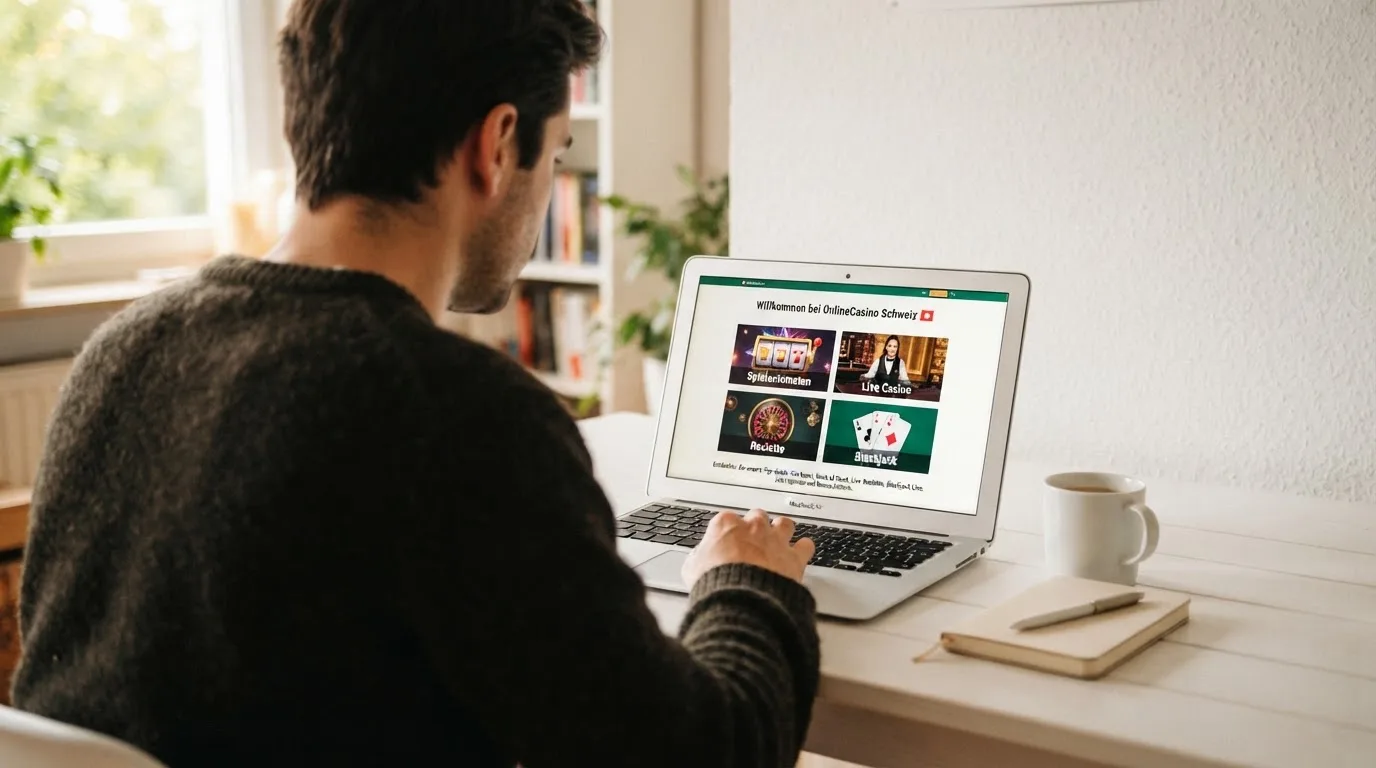Person am Laptop liest eine Übersichtsseite zu Geldspielen im Internet — 150 freispiele ohne einzahlung