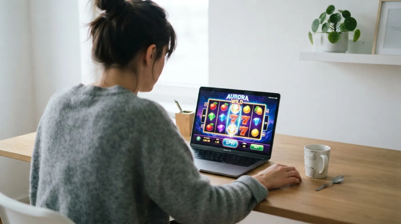 Person am Laptop liest eine Übersichtsseite zu Geldspielen im Internet — 20 franken bonus ohne einzahlung casino