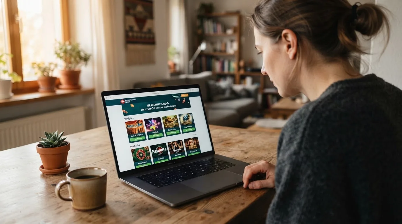 Person am Laptop liest eine Übersichtsseite zu Geldspielen im Internet — 20 freispiele ohne einzahlung