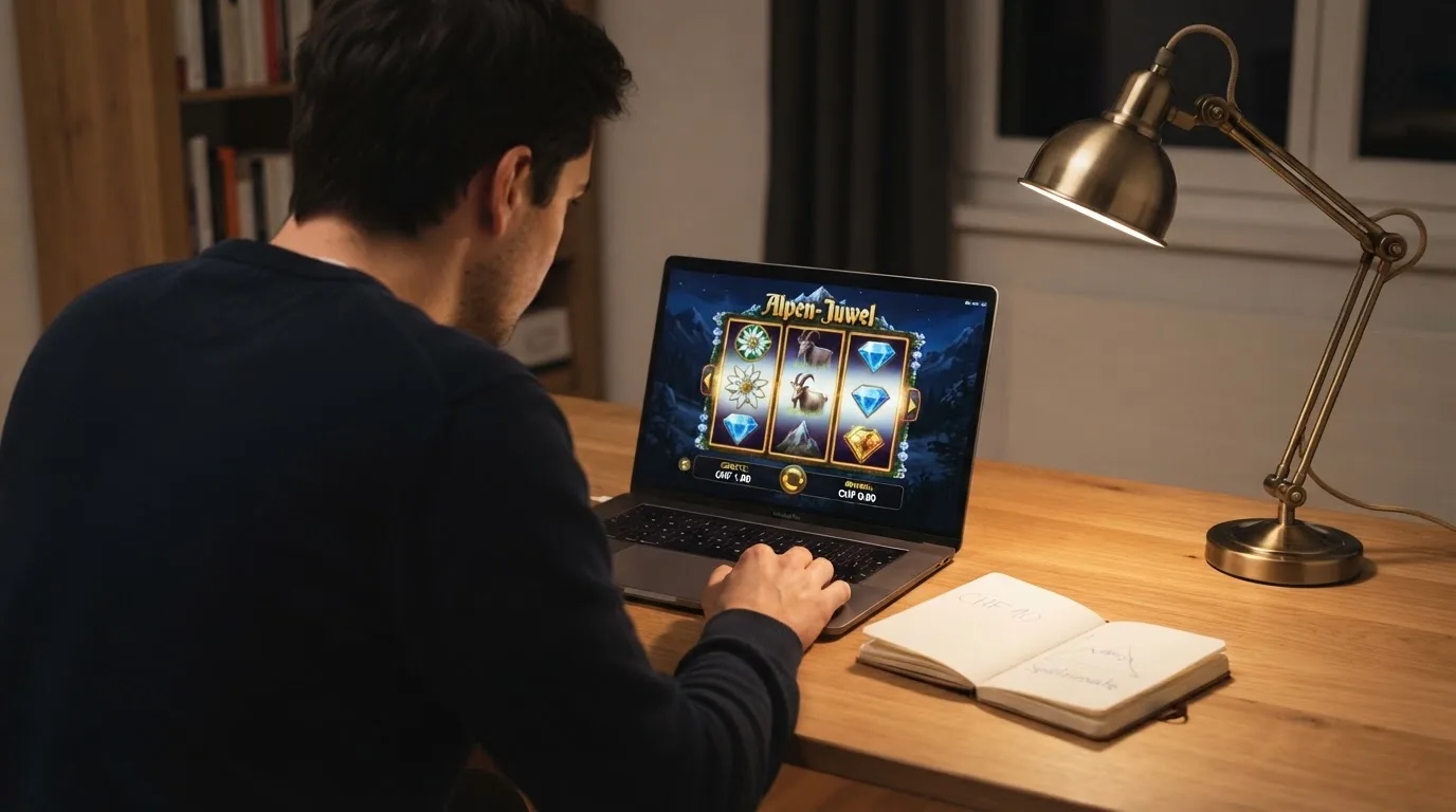 Person am Laptop liest eine Übersichtsseite zu Geldspielen im Internet — 30 franken bonus ohne einzahlung casino