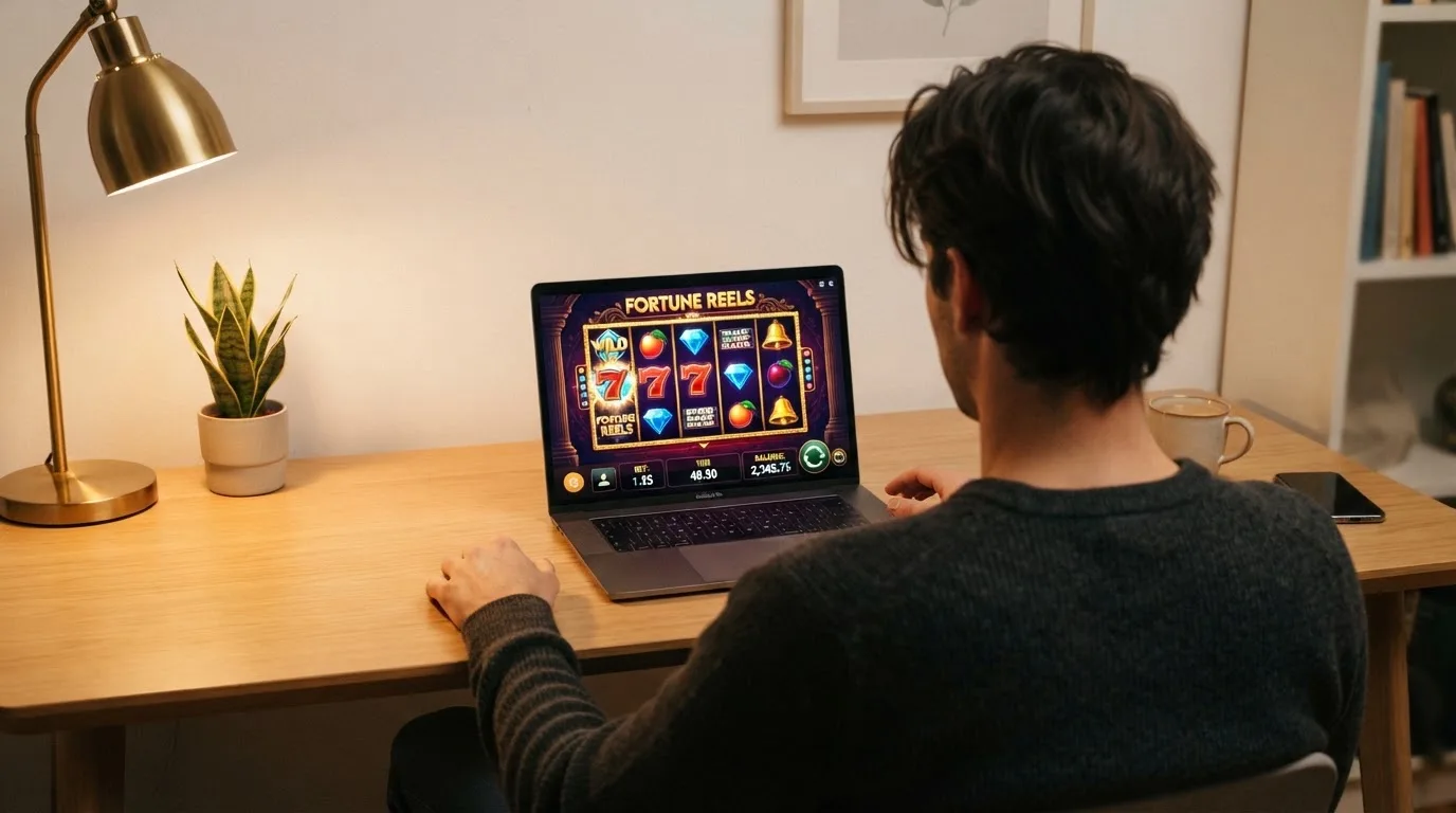 Person am Laptop liest eine Übersichtsseite zu Geldspielen im Internet — 40 franken bonus ohne einzahlung casino