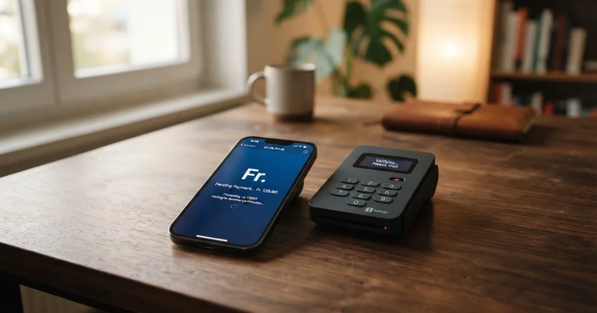 Kartenterminal und Smartphone mit einer ausstehenden Zahlungsbenachrichtigung — 5 franken bonus ohne einzahlung casino