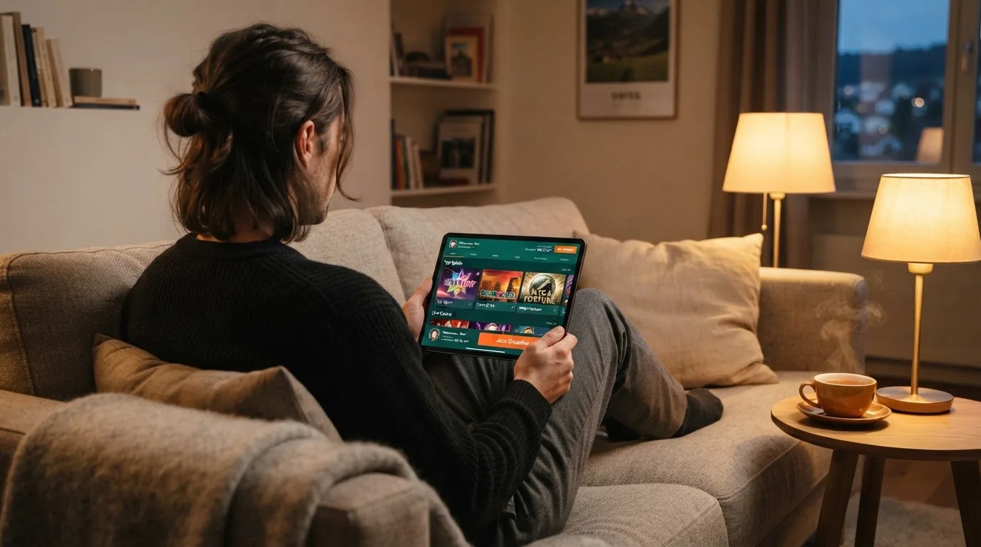 Person sitzt entspannt mit Tablet auf dem Sofa, warmes Lampenlicht, eine Tasse Tee steht daneben auf einem kleinen Tisch.