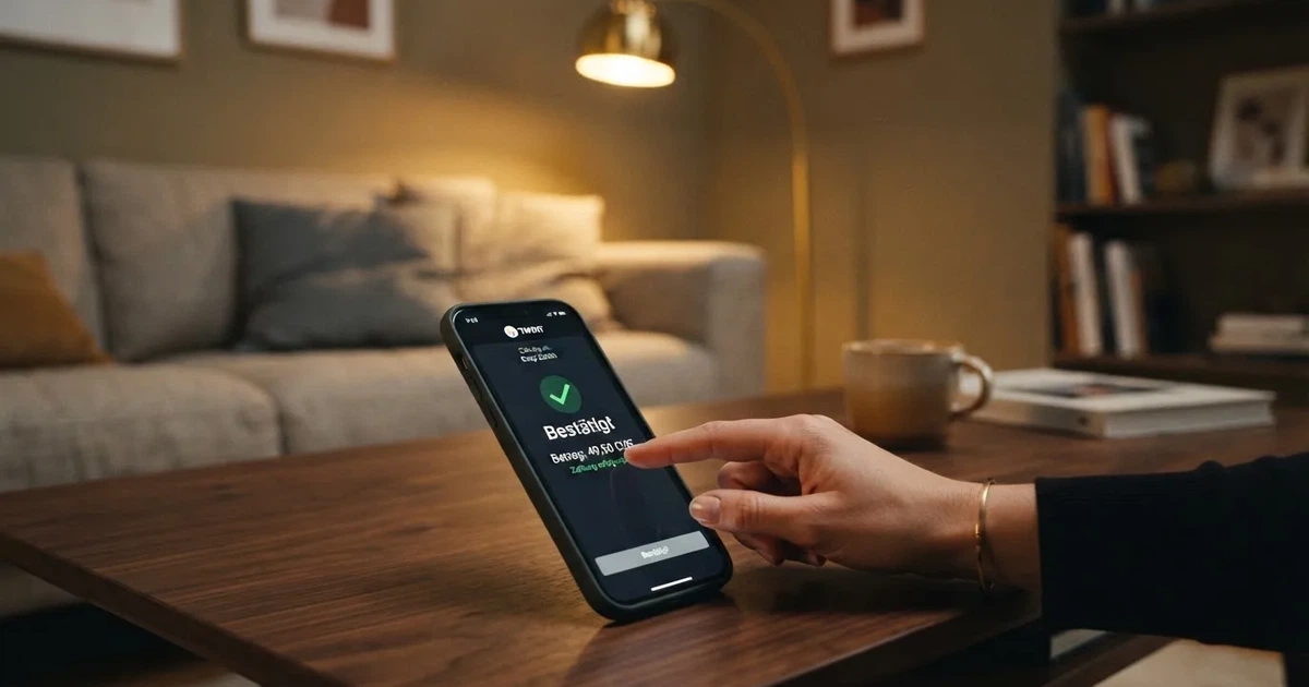 Nahaufnahme einer Hand, die auf einem Smartphone eine Zahlungsbestätigung antippt, im Hintergrund eine gemütliche Wohnzimmerecke am Abend.