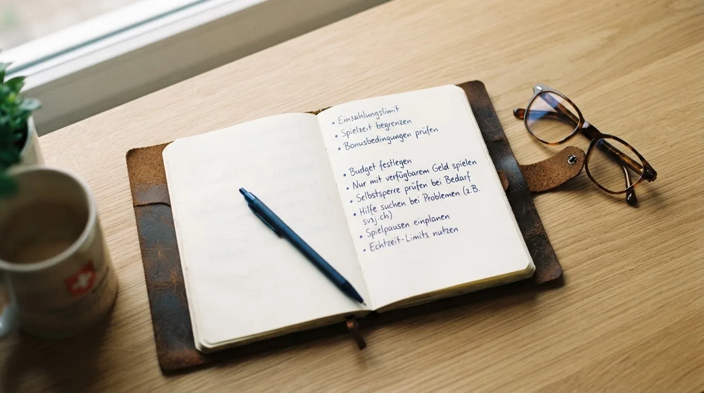 Ein Notizbuch mit handschriftlichen Stichpunkten liegt neben einer Brille auf einem Holzschreibtisch bei Tageslicht.