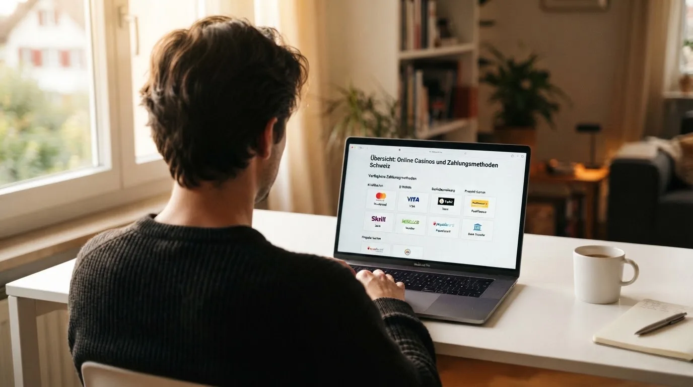 Person am Laptop liest eine Übersichtsseite zu Geldspielen im Internet — best crypto casino schweiz