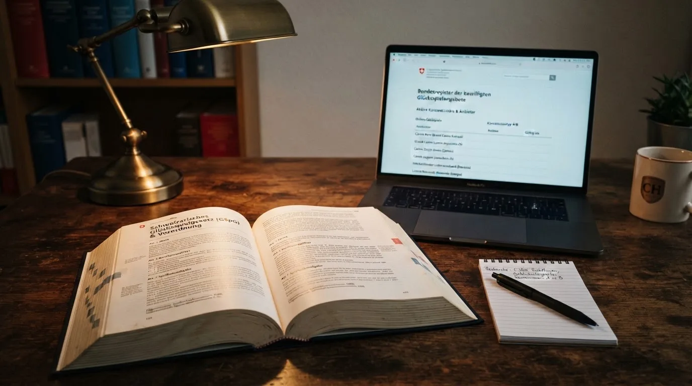 Amtliches Schreiben mit Stempel auf einem Schreibtisch neben einem Gesetzbuch — best crypto casino schweiz