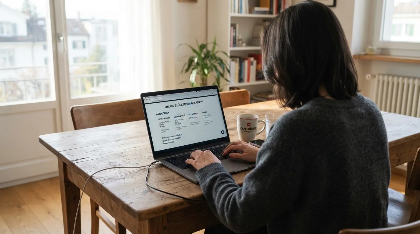 Person am Laptop liest eine Übersichtsseite zu Geldspielen im Internet — beste ausländische casinos für schweizer spieler