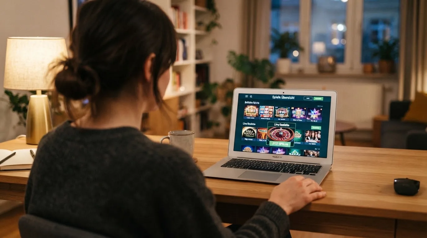 Person am Laptop liest eine Übersichtsseite zu Geldspielen im Internet — beste casino mit schneller auszahlung