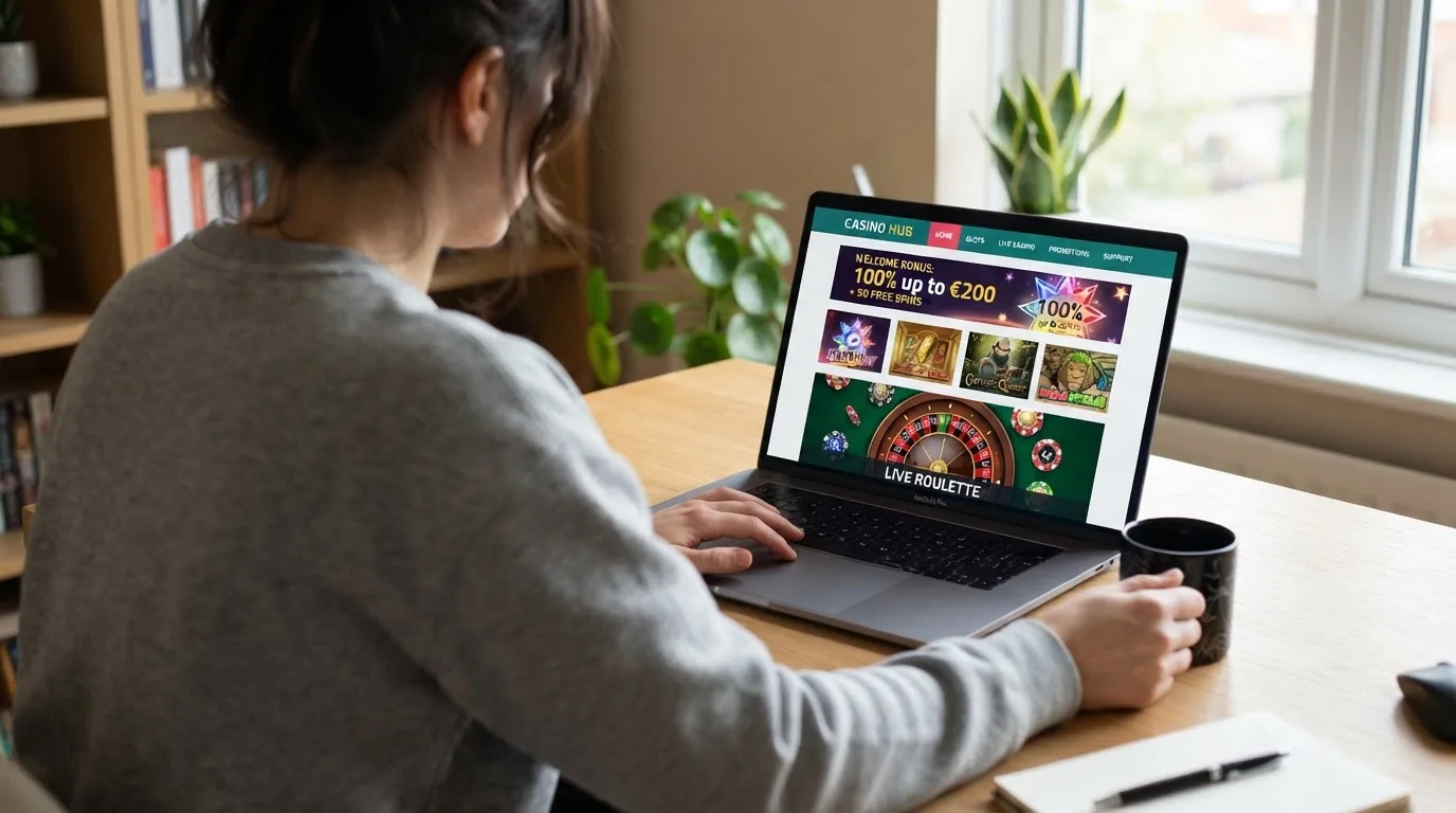 Person am Laptop liest eine Übersichtsseite zu Geldspielen im Internet — beste casino ohne verifizierung auszahlen