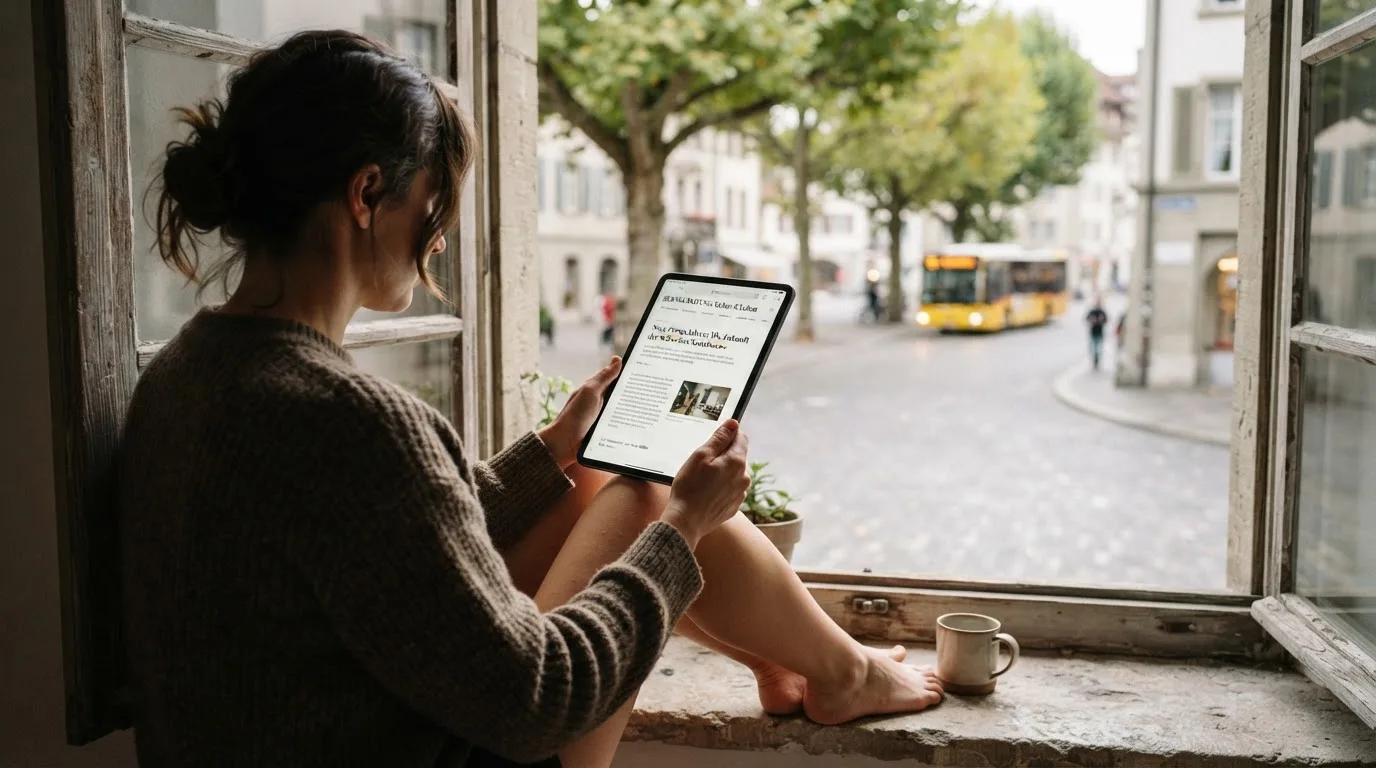 Frau sitzt mit einem Tablet auf einer Fensterbank, Blick nach draussen auf eine ruhige Strasse.