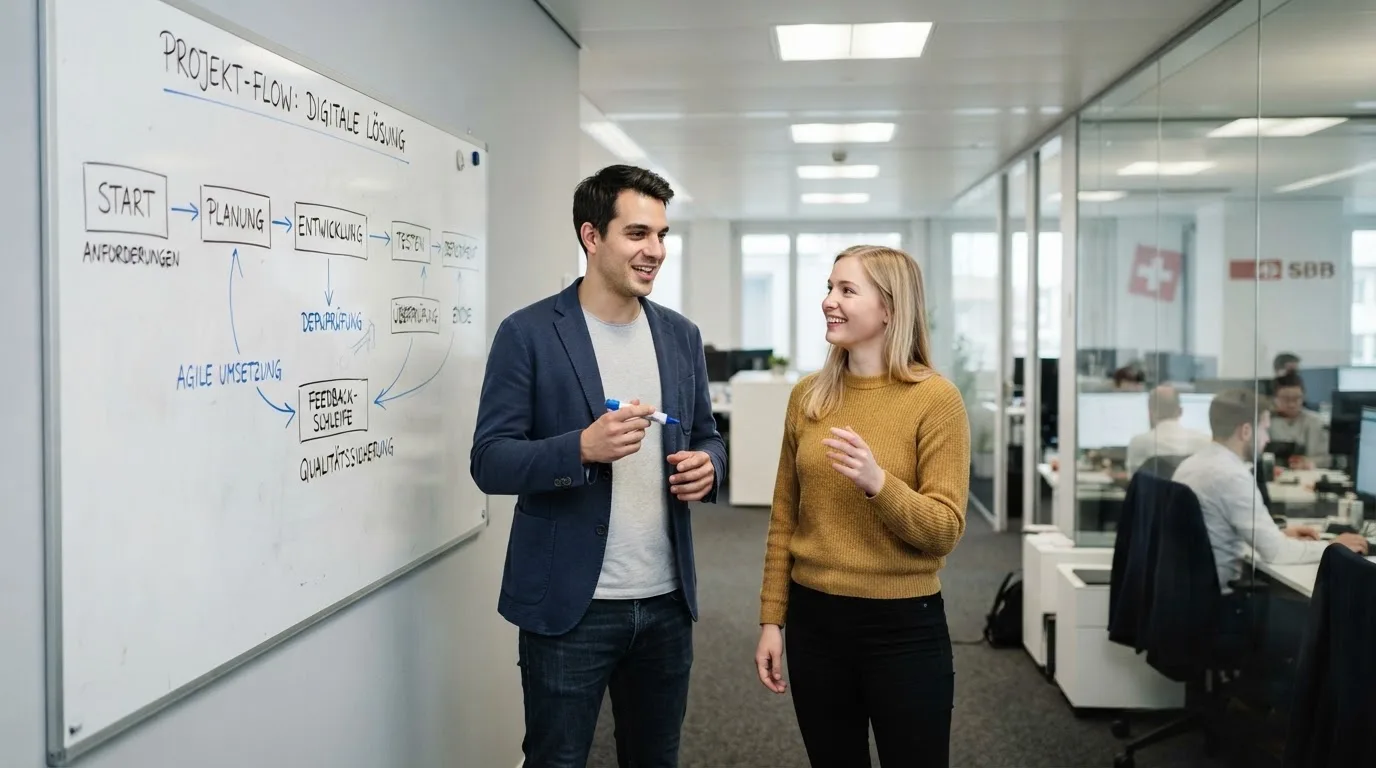 Zwei Kollegen besprechen an einem Whiteboard mit Notizen einen Ablauf, Grossraumbüro im Hintergrund.