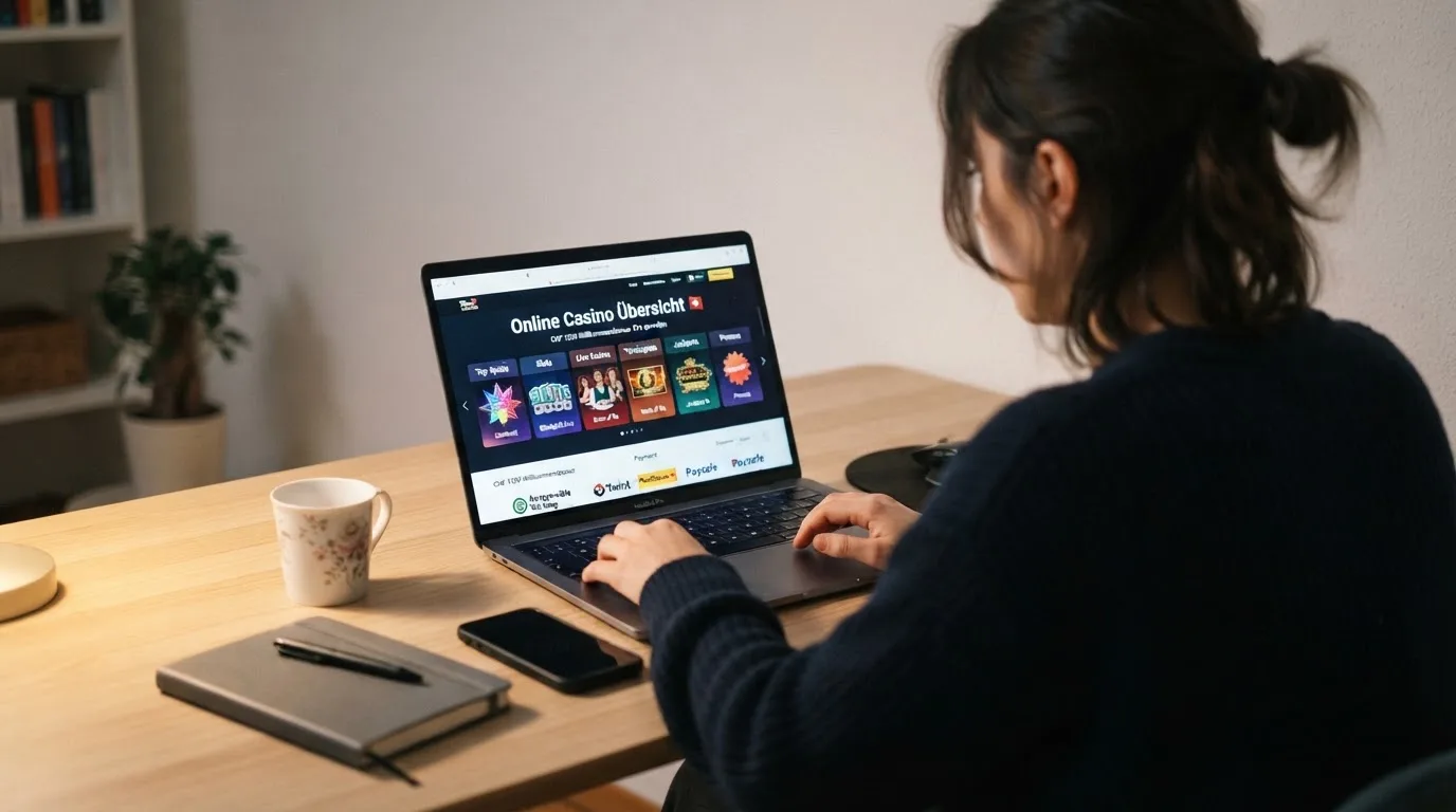 Person am Laptop liest eine Übersichtsseite zu Geldspielen im Internet — beste craps online casinos schweiz