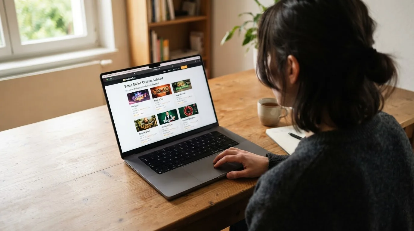 Person am Laptop liest eine Übersichtsseite zu Geldspielen im Internet — beste live baccarat schweiz