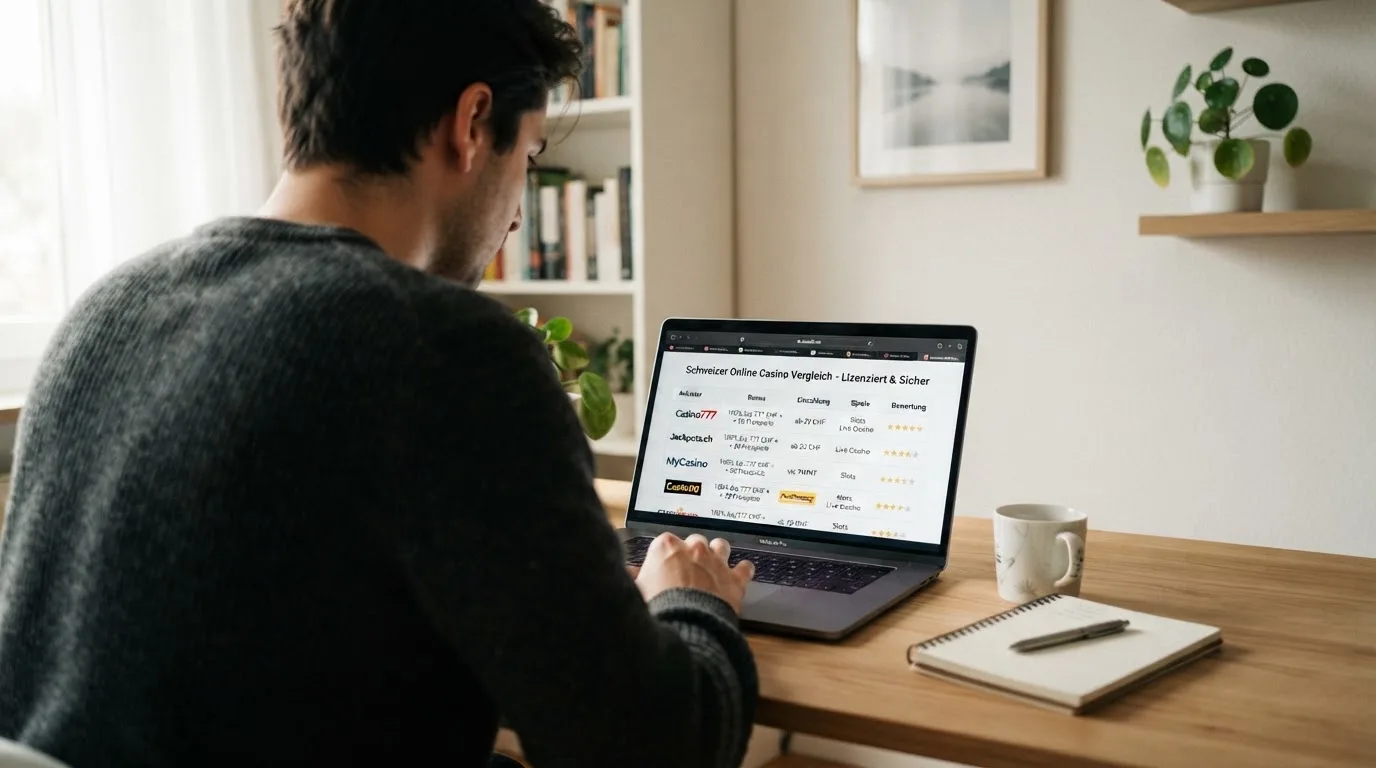 Person am Laptop liest eine Übersichtsseite zu Geldspielen im Internet — beste online casino echtgeld app