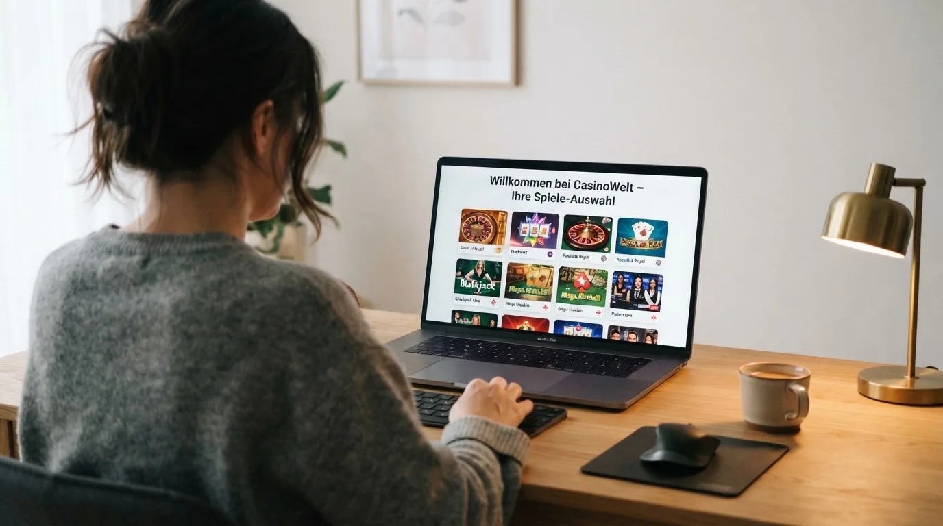 Person am Laptop liest eine Übersichtsseite zu Geldspielen im Internet — beste online casino mit apple pay bezahlen