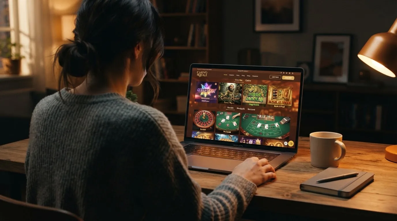 Person am Laptop liest eine Übersichtsseite zu Geldspielen im Internet — beste online casino mit banküberweisung bezahlen