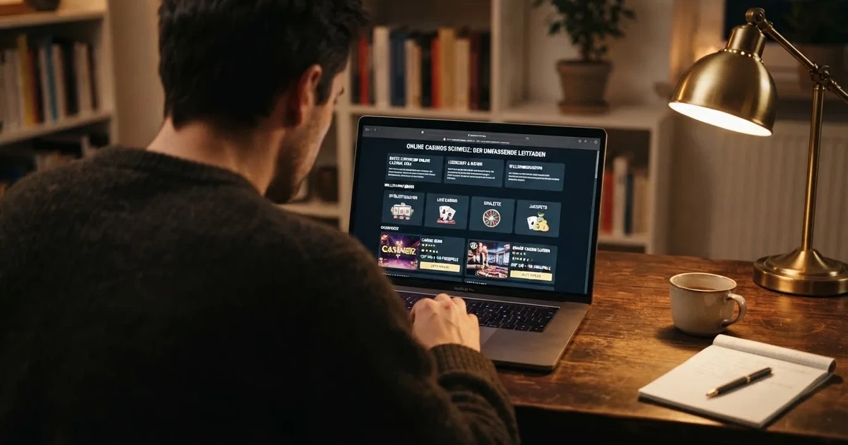 Person am Laptop liest eine Übersichtsseite zu Geldspielen im Internet — beste online casino schweiz