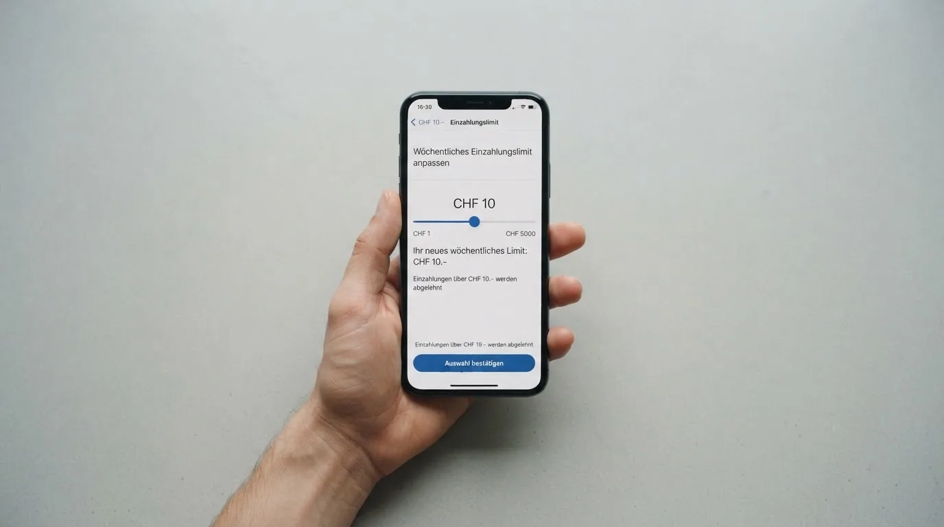 Hand hält ein Smartphone mit einem Formular zur Einzahlungsgrenze, ruhige Stimmung — beste online casino schweiz