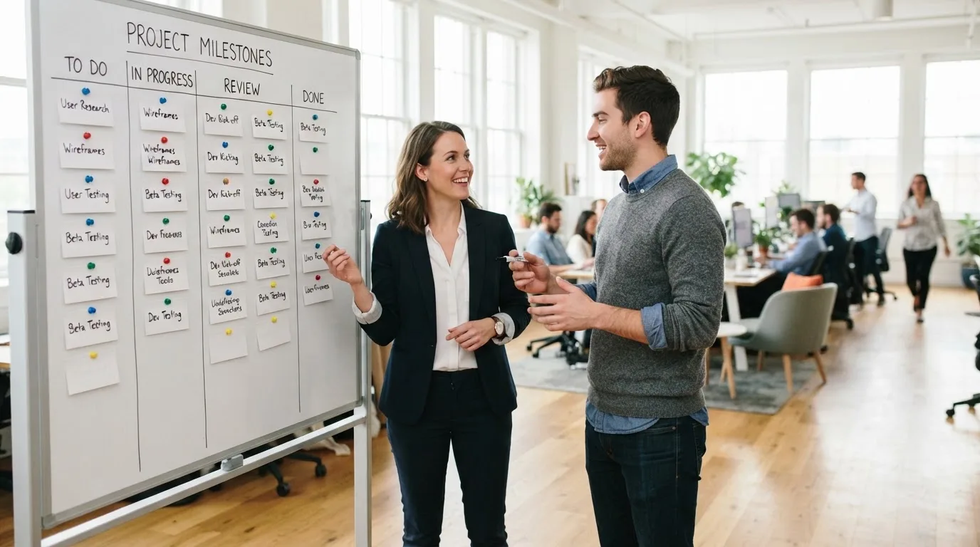 Zwei Kollegen stehen vor einem Whiteboard mit angepinnten Karteikarten und diskutieren im Grossraumbüro.