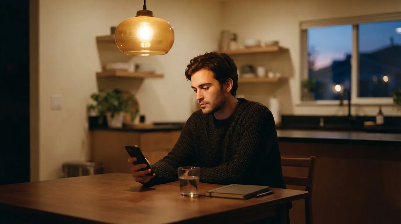 Junger Mann sitzt allein am Küchentisch und schaut nachdenklich auf sein Smartphone, Abendlicht im Raum.
