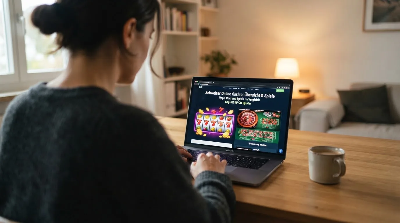 Person am Laptop liest eine Übersichtsseite zu Geldspielen im Internet — beste online casinos ohne limit