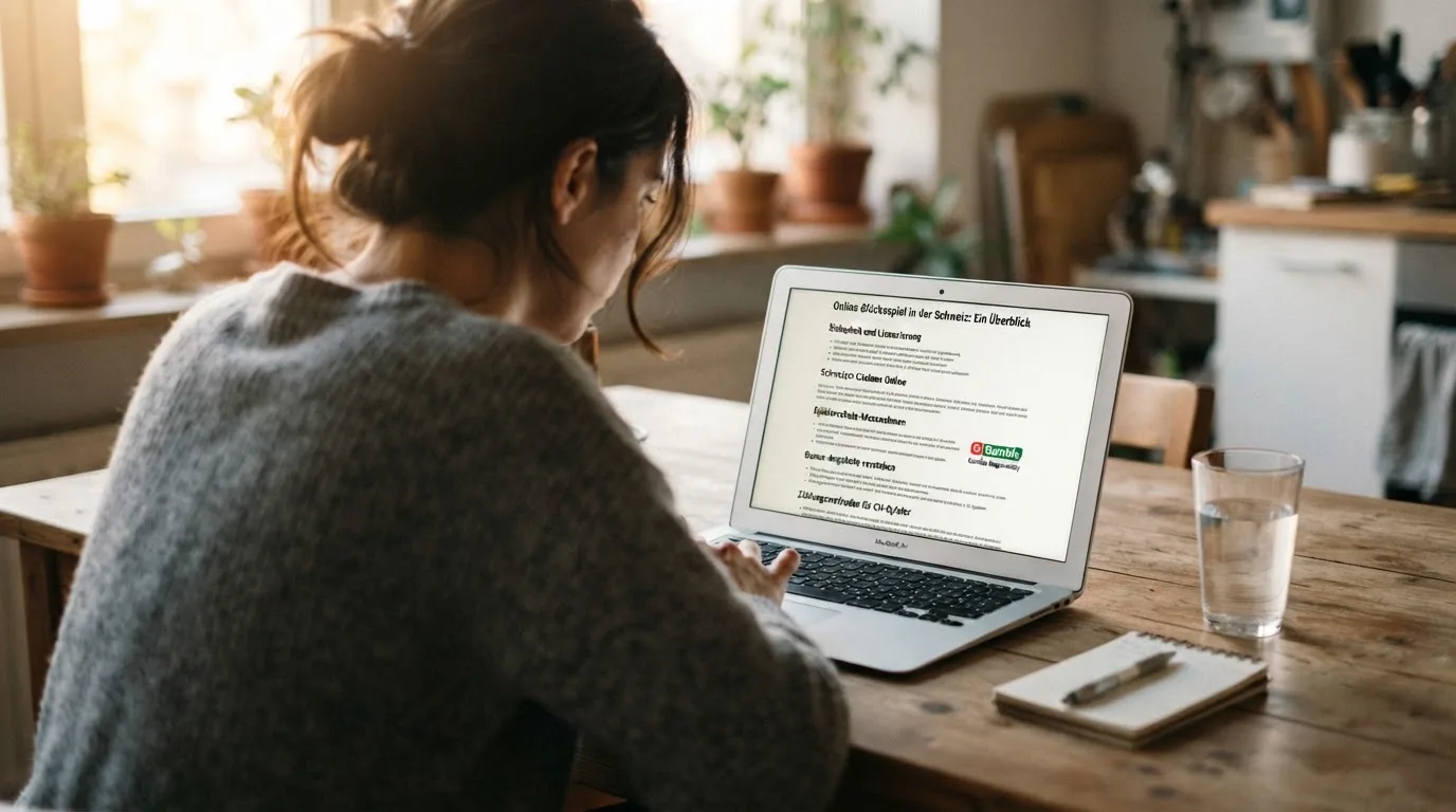 Person am Laptop liest eine Übersichtsseite zu Geldspielen im Internet — beste online casinos schweiz mit no deposit bonus