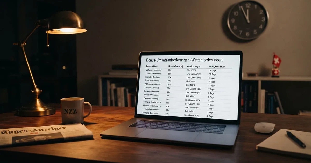 Bildschirm mit Bonusbedingungen, Einsatztabelle und einer Uhr im Hintergrund — beste online casinos schweiz mit no deposit bonus