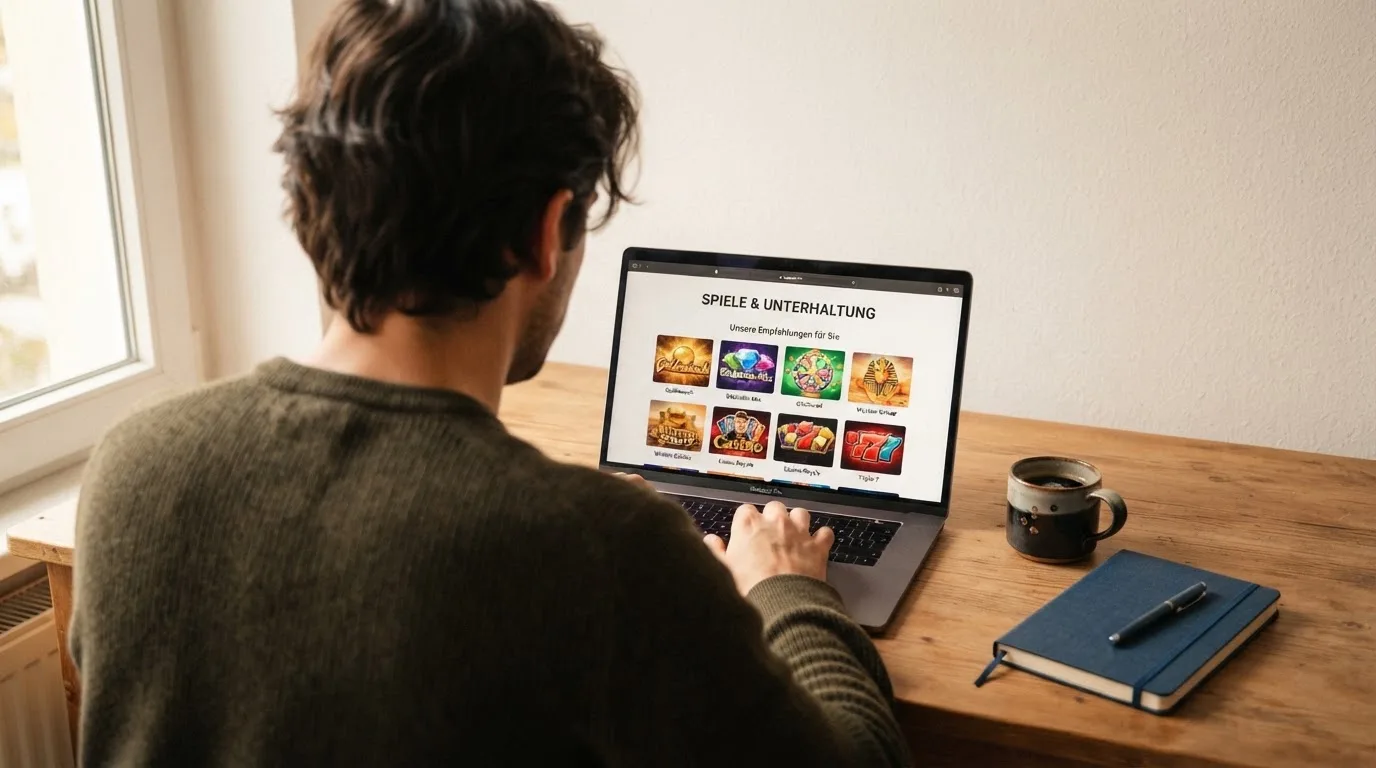 Person am Laptop liest eine Übersichtsseite zu Geldspielen im Internet — beste online spielothek casinos