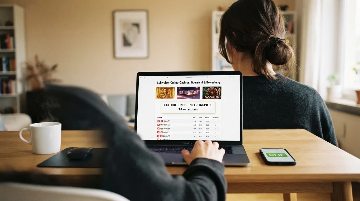 Person am Laptop liest eine Übersichtsseite zu Geldspielen im Internet — bester willkommensbonus online casino