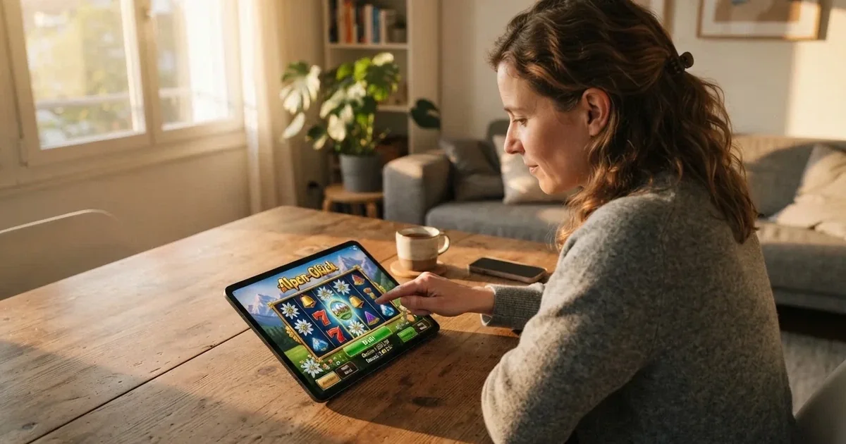 Frau sitzt am Wohnzimmertisch und schaut konzentriert auf ihr Tablet, Nachmittagslicht durchs Fenster.