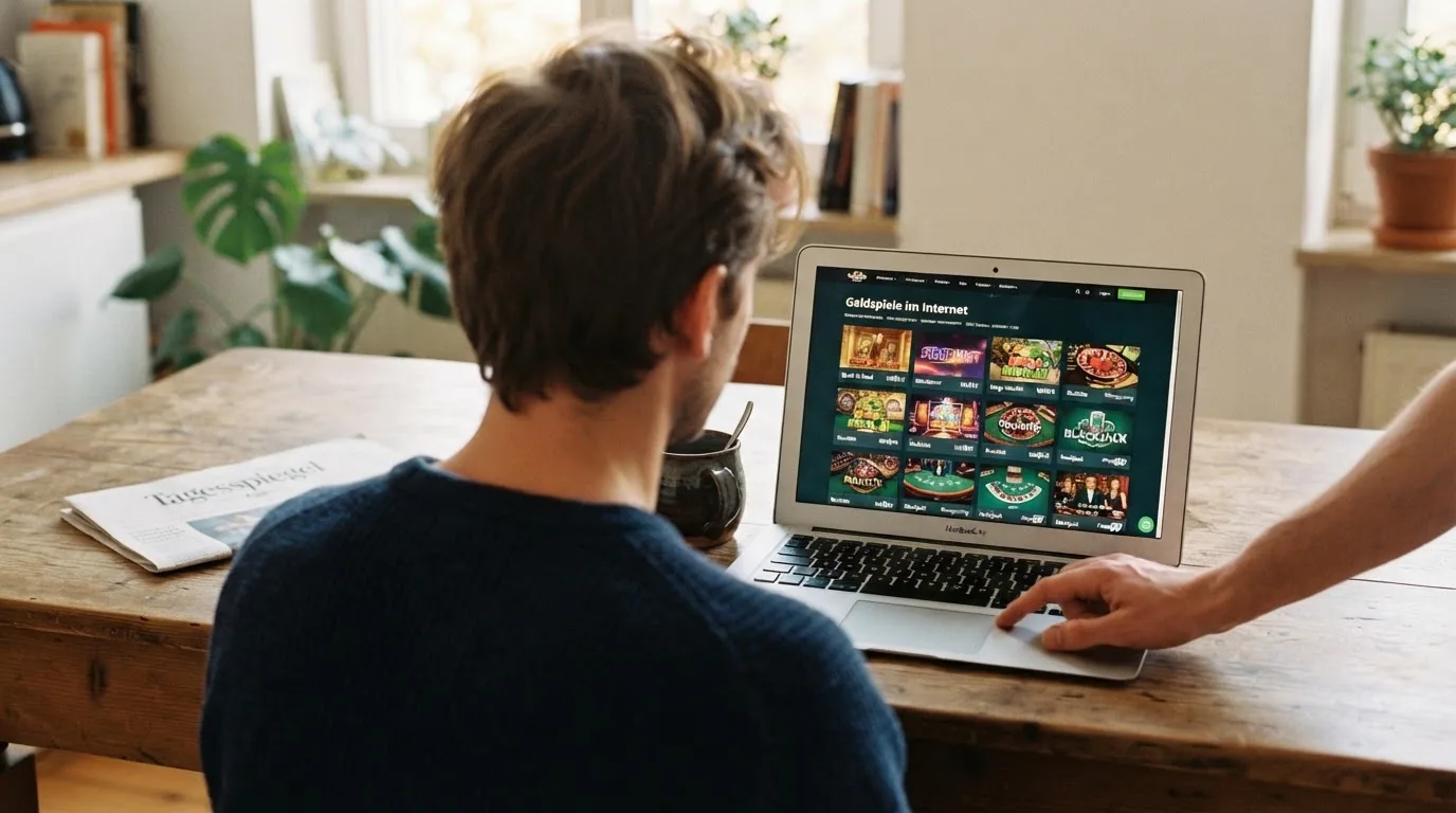 Person am Laptop liest eine Übersichtsseite zu Geldspielen im Internet — bitcoin cash casino vergleich