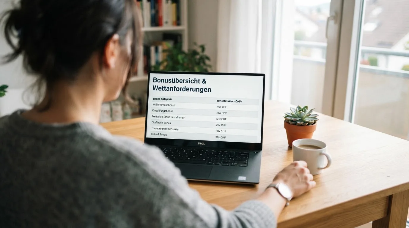 Person am Laptop liest eine Übersichtsseite zu Geldspielen im Internet — casino guthaben ohne einzahlung