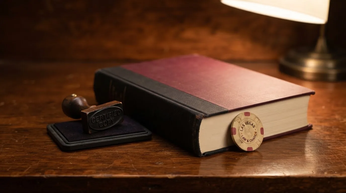 Amtliches Schreiben mit Stempel auf einem Schreibtisch neben einem Gesetzbuch — casino mit hoher gewinnchance