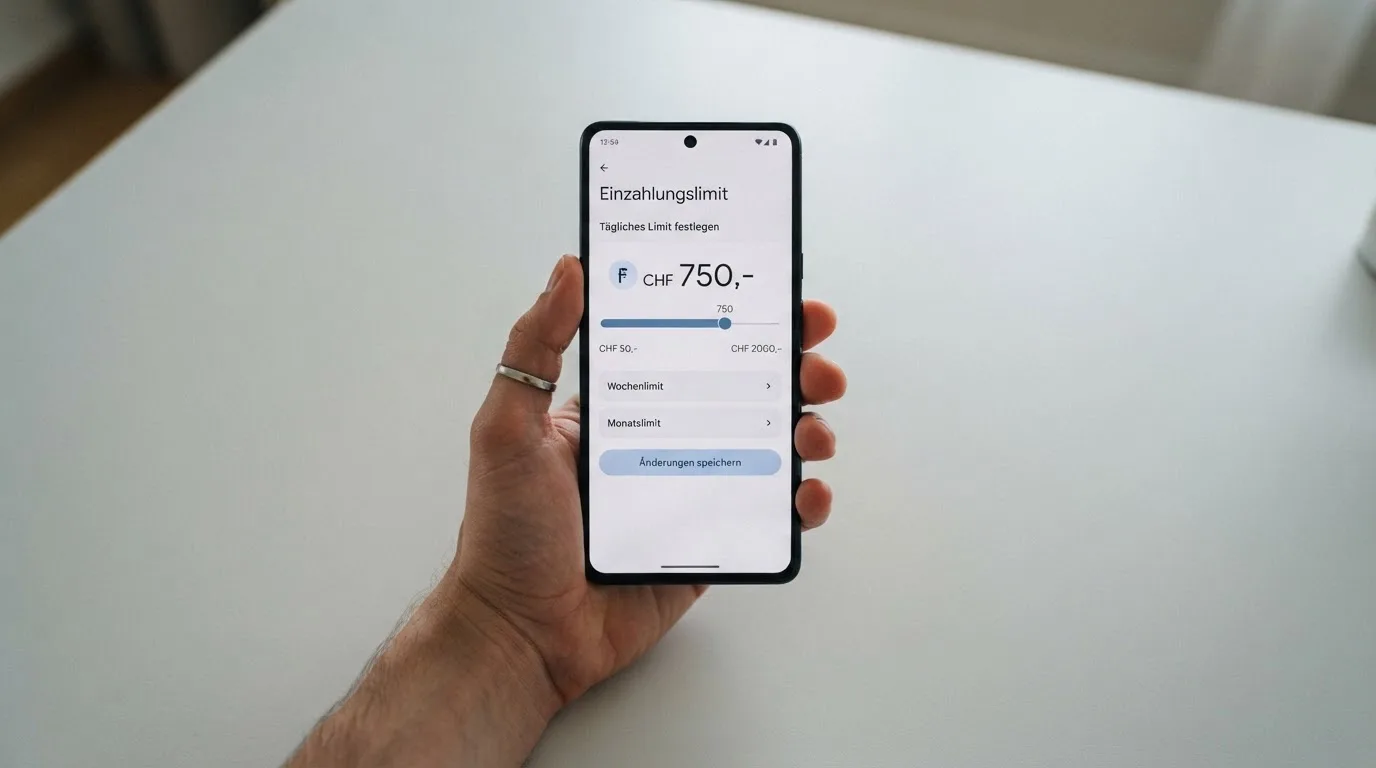 Hand hält ein Smartphone mit einem Formular zur Einzahlungsgrenze, ruhige Stimmung — freie 90 tage qualifikationszeitraum casino