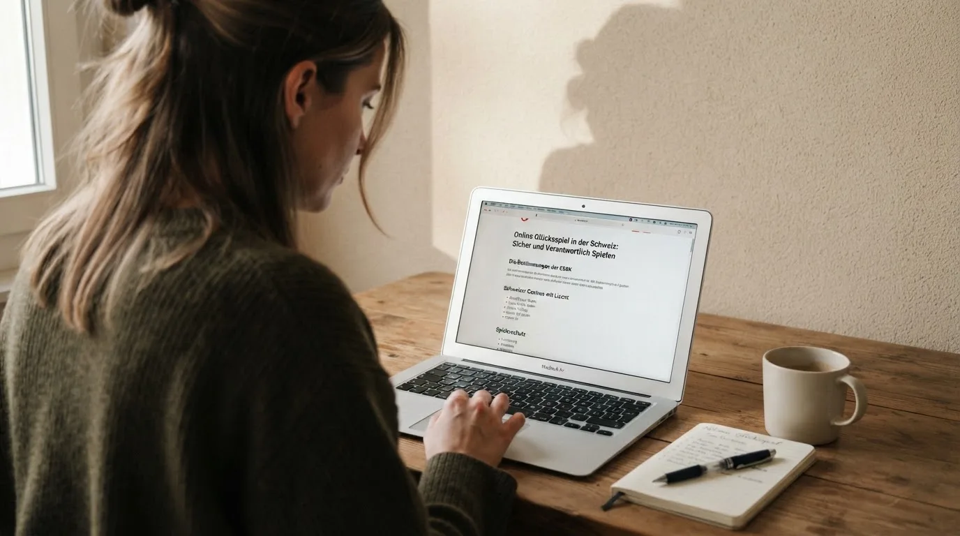 Person am Laptop liest eine Übersichtsseite zu Geldspielen im Internet — online casino bonus ohne einzahlung ohne download
