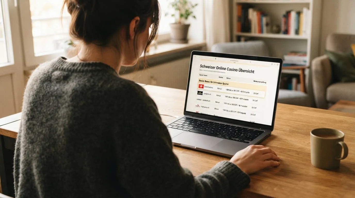 Person am Laptop liest eine Übersichtsseite zu Geldspielen im Internet — online casino bonus ohne einzahlung sofort
