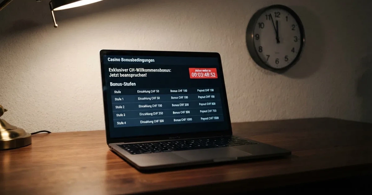Bildschirm mit Bonusbedingungen, Einsatztabelle und einer Uhr im Hintergrund — online casino bonus ohne einzahlung sofort