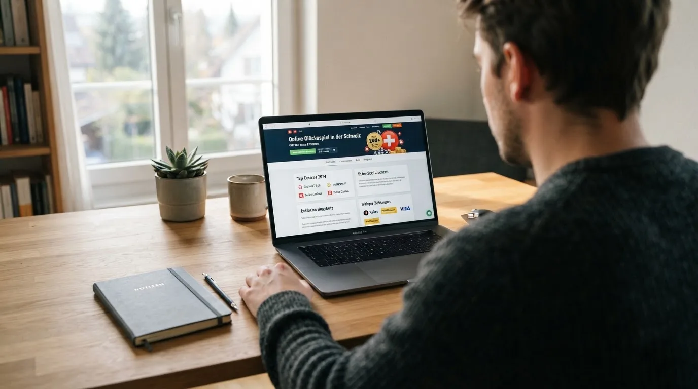 Person am Laptop liest eine Übersichtsseite zu Geldspielen im Internet — online casino bonus ohne umsatzbedingungen