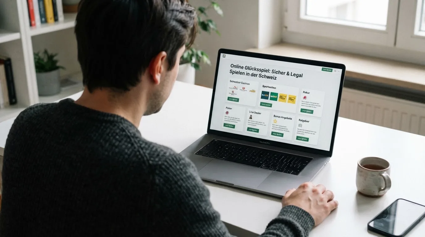Person am Laptop liest eine Übersichtsseite zu Geldspielen im Internet — online casino bonusbedingungen