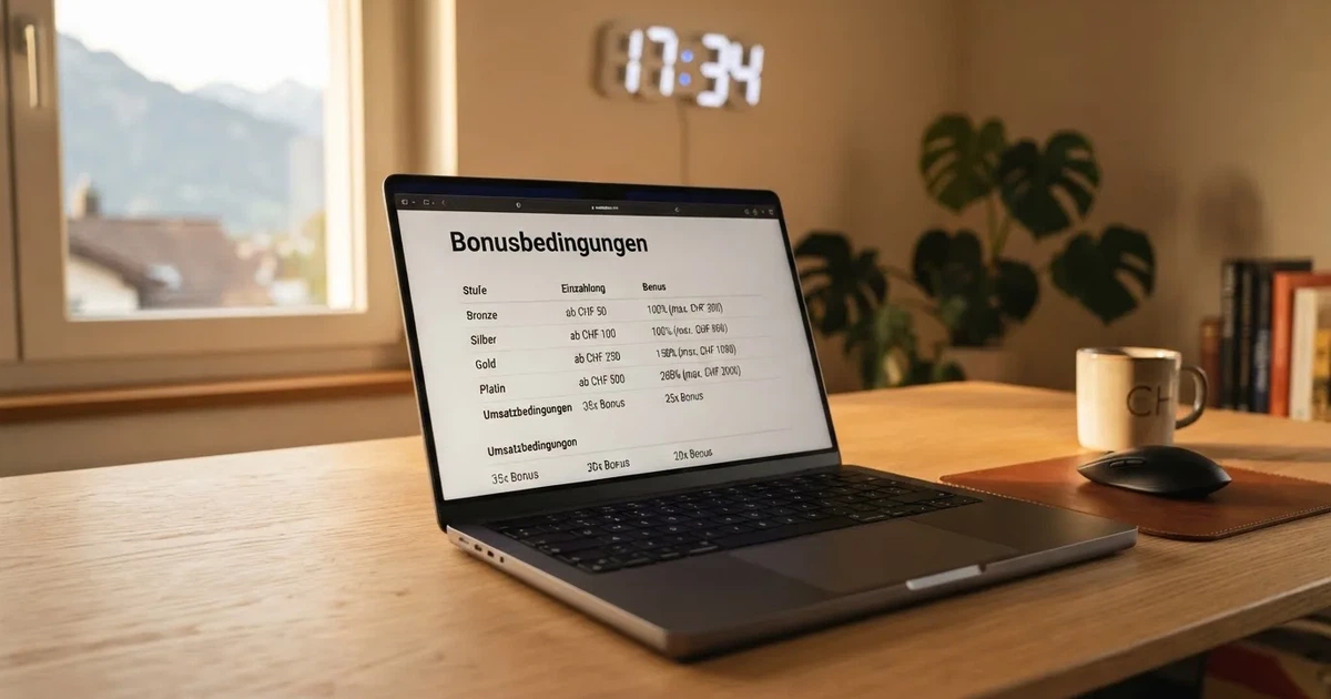 Bildschirm mit Bonusbedingungen, Einsatztabelle und einer Uhr im Hintergrund — online casino bonusbedingungen
