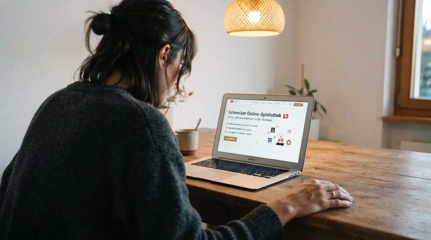 Person am Laptop liest eine Übersichtsseite zu Geldspielen im Internet — online casino einzahlungsbonus