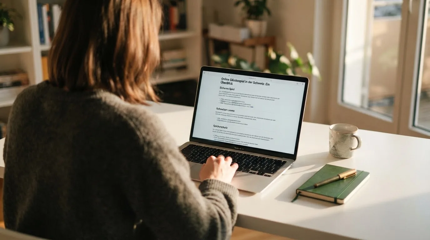 Person am Laptop liest eine Übersichtsseite zu Geldspielen im Internet — online casino gutschein codes