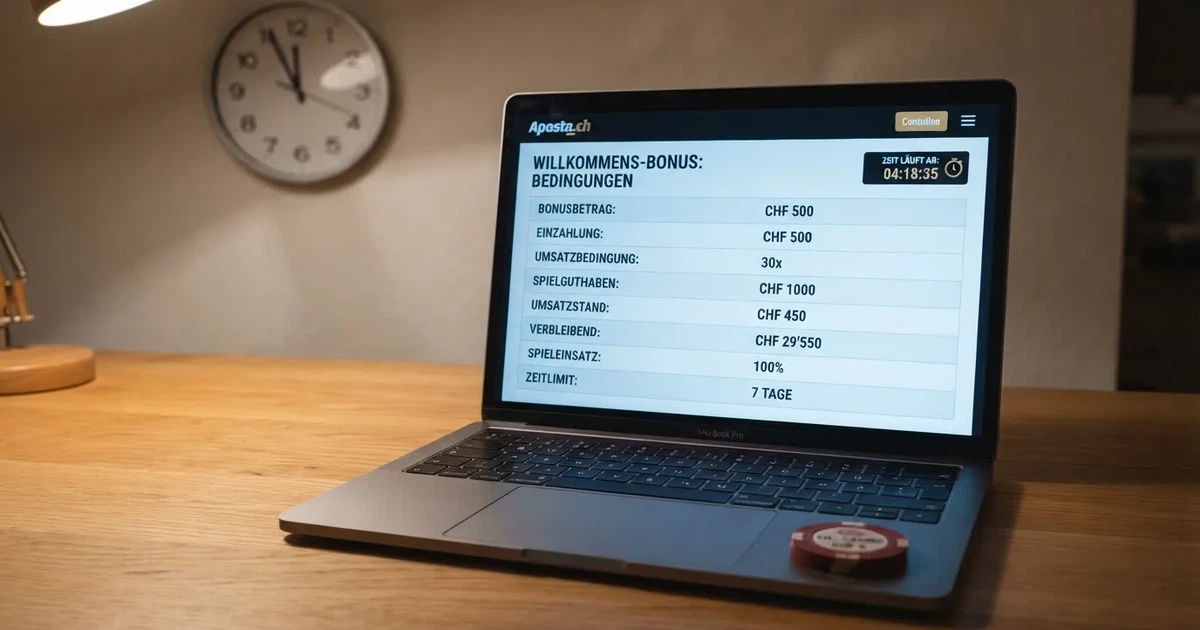Bildschirm mit Bonusbedingungen, Einsatztabelle und einer Uhr im Hintergrund — online casino gutschein codes