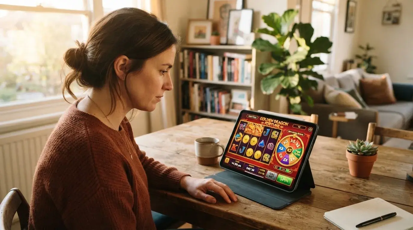 Frau sitzt am Wohnzimmertisch und schaut konzentriert auf ihr Tablet, Nachmittagslicht durchs Fenster.